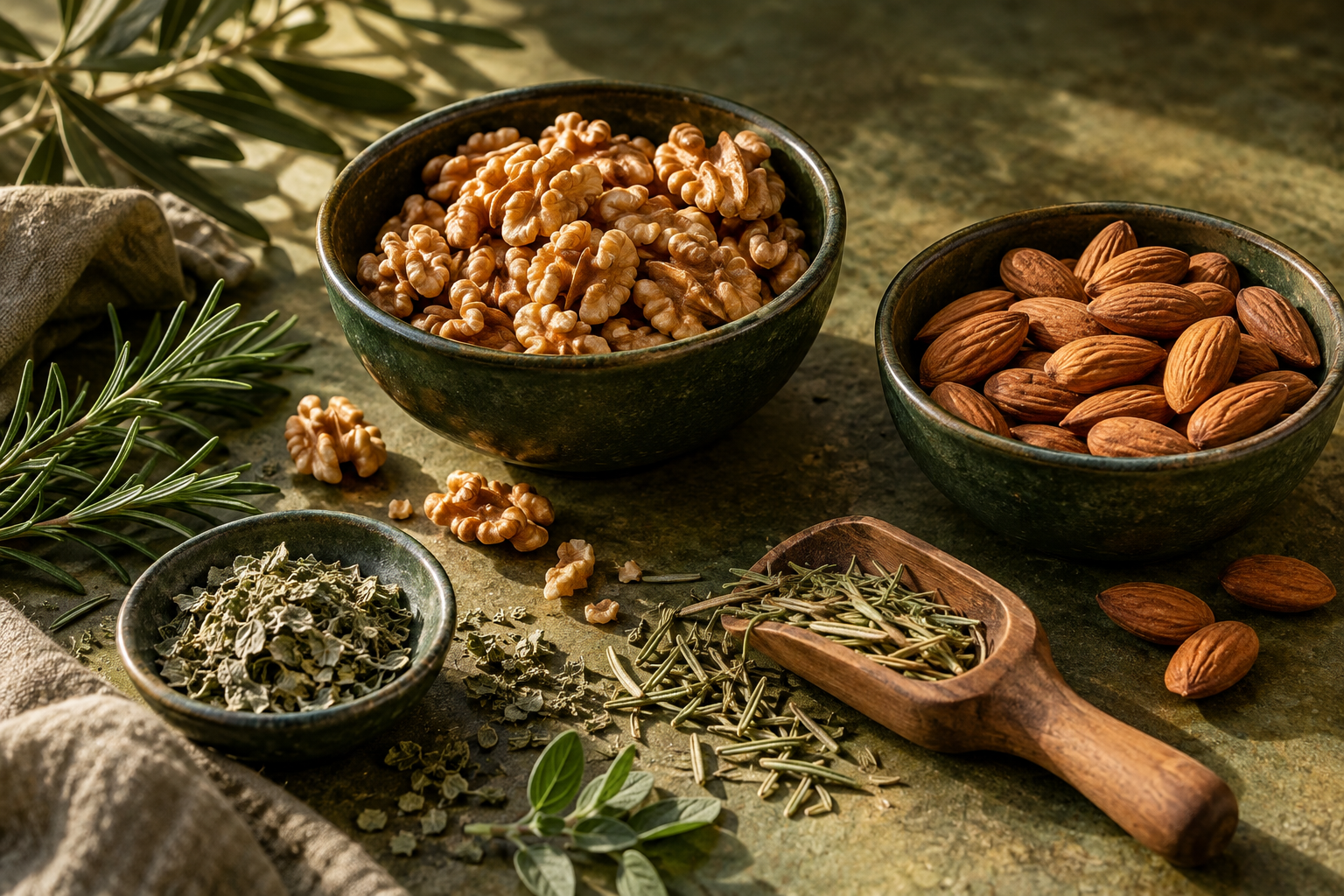 Composición ilustrativa de nueces, almendras y hierbas en cuencos verdes